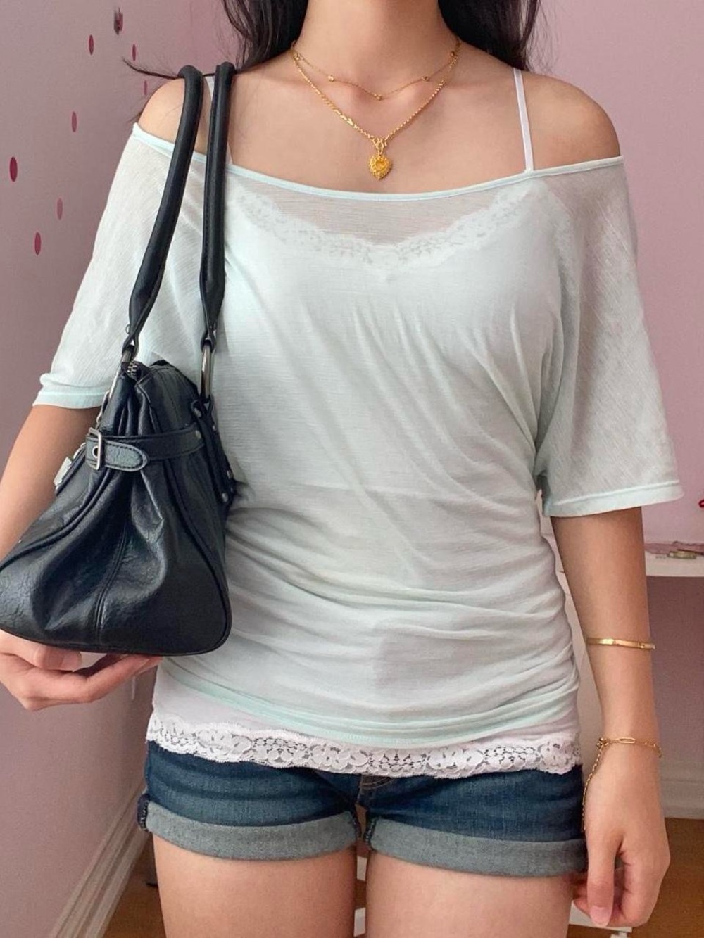 dreamy sheer mint off-the-shoulder layering top